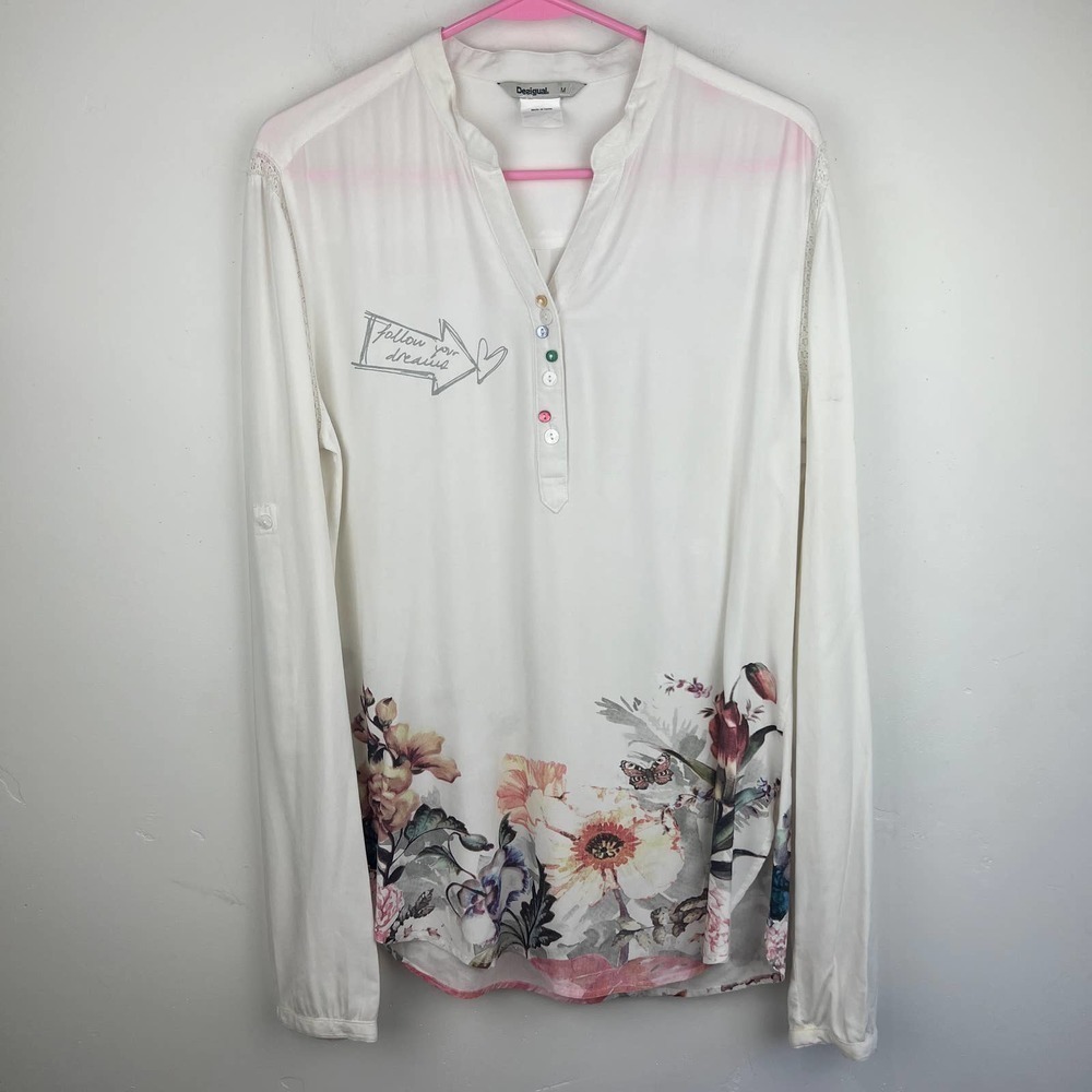 Desigual Floral Roll Up Sleeve Long Sleeve Top Womens Size: M